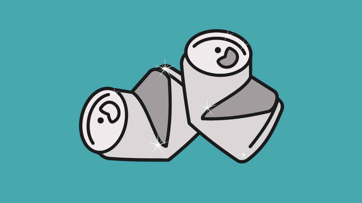 Illustration of two silver soda cans with happy facial expressions on a teal background. The cans appear clean and shiny, with small sparkles emphasizing their freshness. One can is standing upright while the other is slightly tilted.