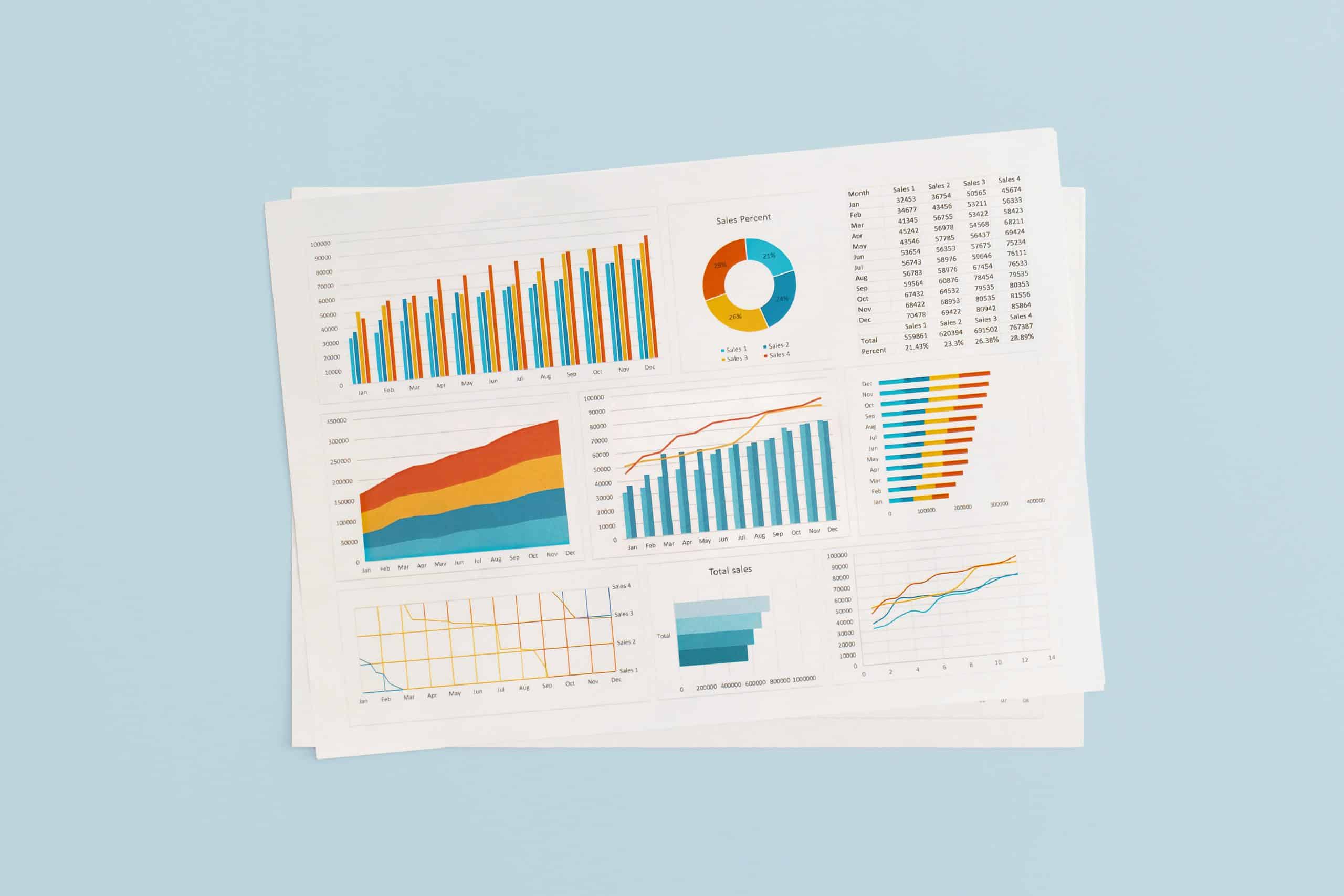 A set of papers displaying various colorful charts and graphs on a light blue background. The documents, provided by the International Aluminium Institute (IAI), include bar graphs, pie charts, line graphs, and stacked area charts, illustrating different data trends and comparisons in the aluminium industry.