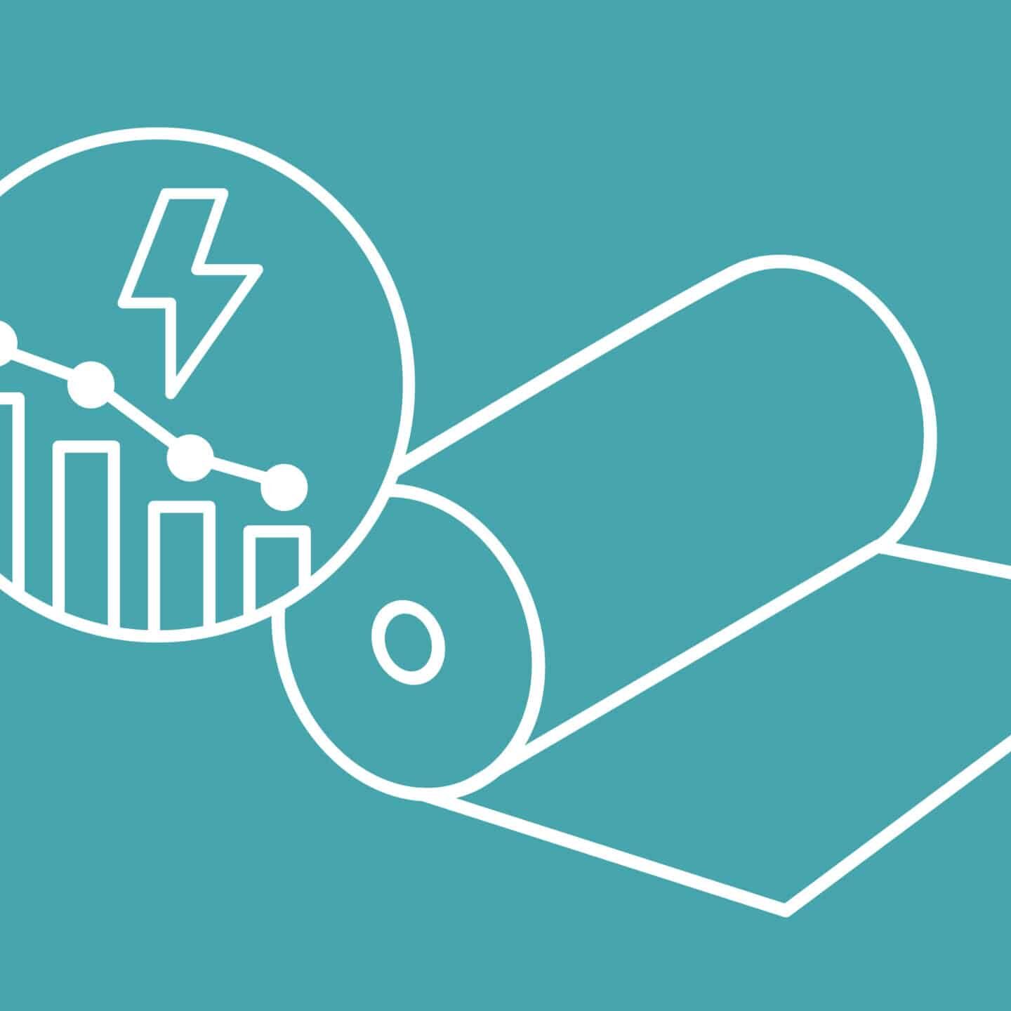 Illustration of a battery roll with a graph and lightning bolt, symbolizing energy efficiency and performance in aluminium production and addressing environmental claims.