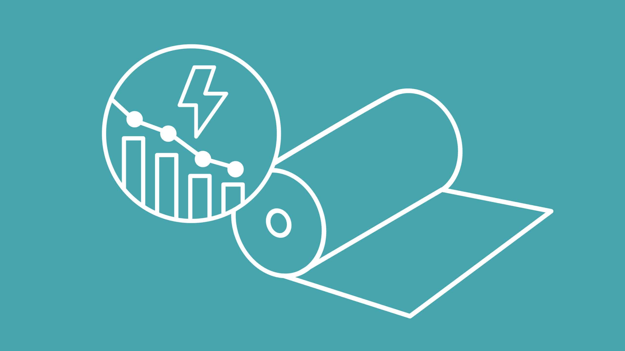 Illustration of a battery roll with a graph and lightning bolt, symbolizing energy efficiency and performance in aluminium production and addressing environmental claims.
