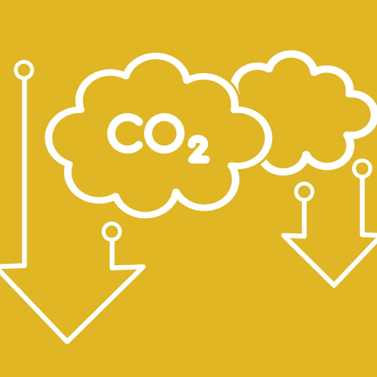 Yellow background with two cloud shapes containing "CO2" and downward arrows, subtly echoing aluminium environmental claims by suggesting a reduction in carbon emissions.