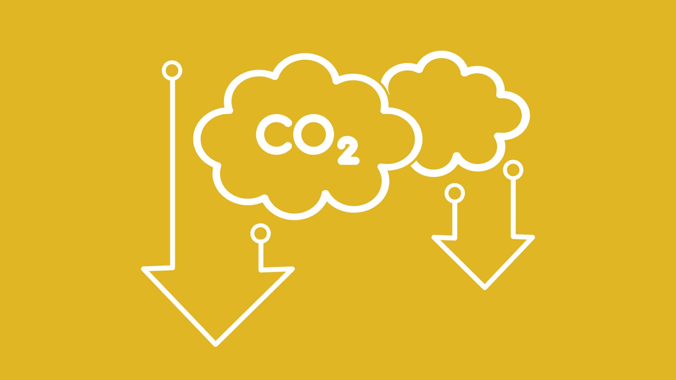 Yellow background with two cloud shapes containing "CO2" and downward arrows, subtly echoing aluminium environmental claims by suggesting a reduction in carbon emissions.