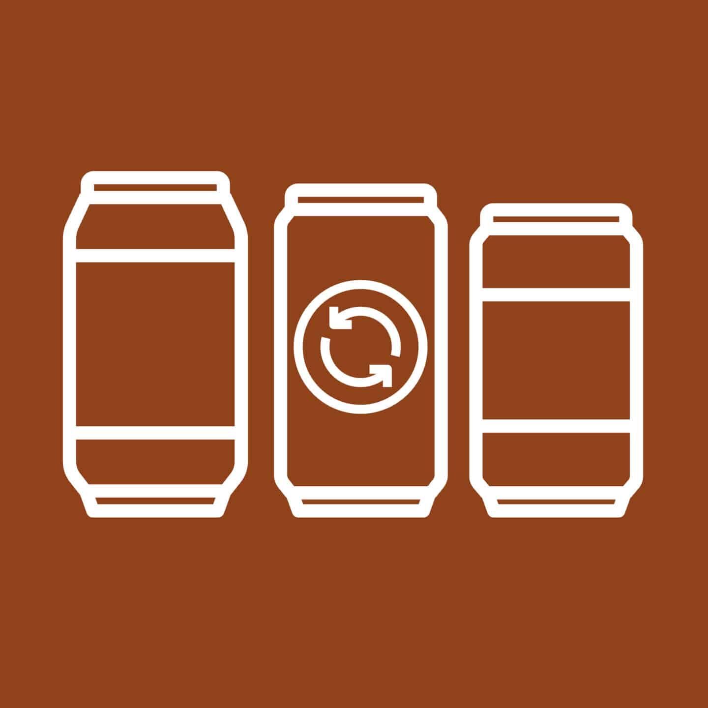 Illustration of three aluminium beverage cans. The middle can features a circular arrow symbol, emphasizing recycling and environmental claims. The background is solid brown.