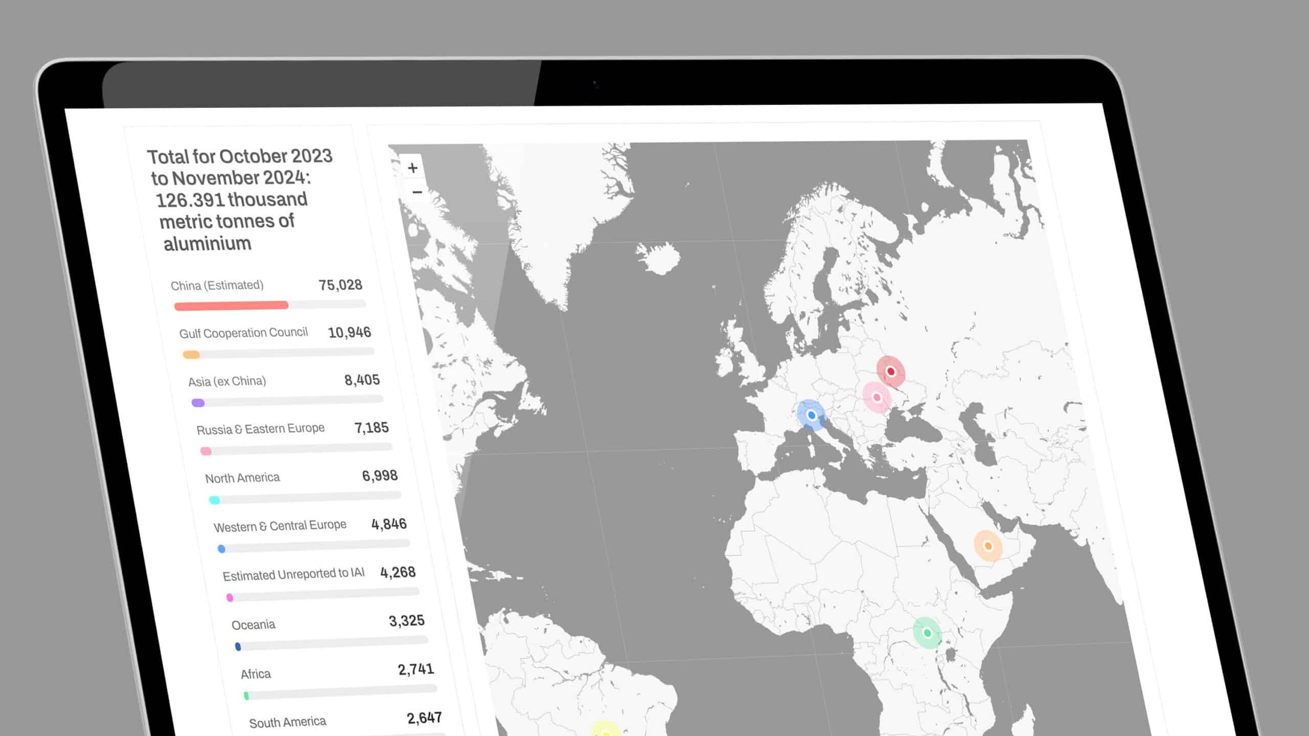A laptop screen showcases a world map with a sidebar listing aluminum production figures by region for October 2023 to November 2024, sourced from the International Aluminium Institute.