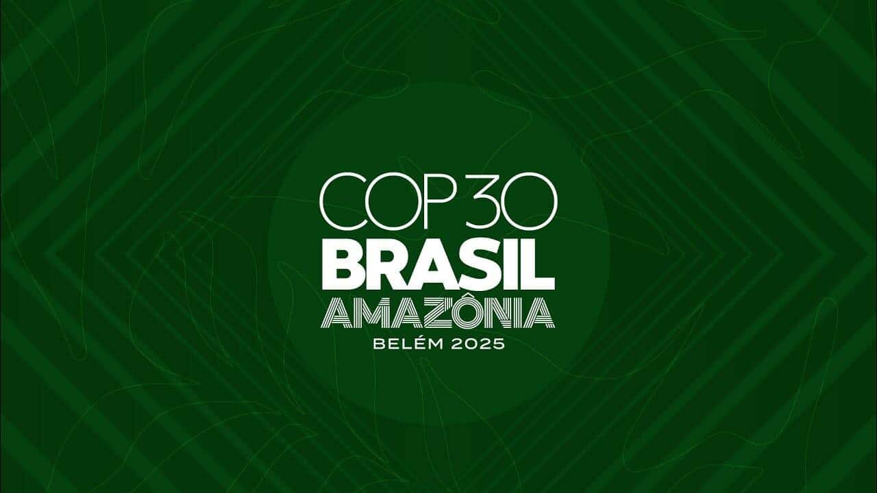 Green graphic with the text: "COP30 Brasil Amazônia Belém 2025" in white, set against a patterned background, featuring the GBCCA logo.