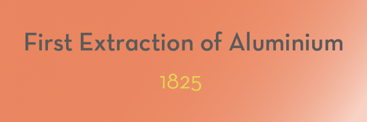 Orange background with the text "First Extraction of Aluminium" in dark gray, and "1825" in yellow below. Capture the pivotal moments when aluminium was first extracted.