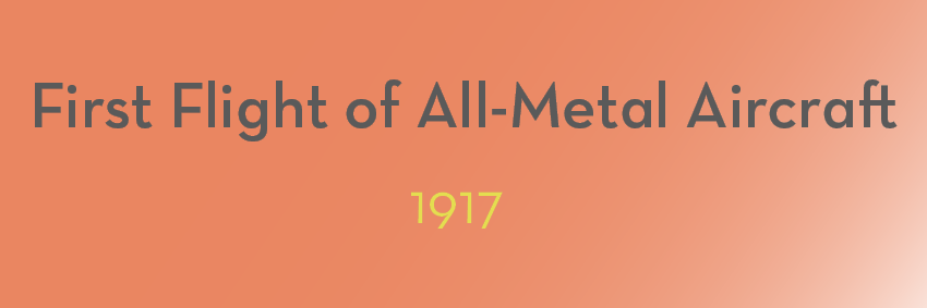 An orange gradient background showcases the text "First Flight of All-Metal Aircraft" in dark gray font, with "1917" in light yellow font underneath, marking a significant moment in aviation history where aluminium played a crucial role.