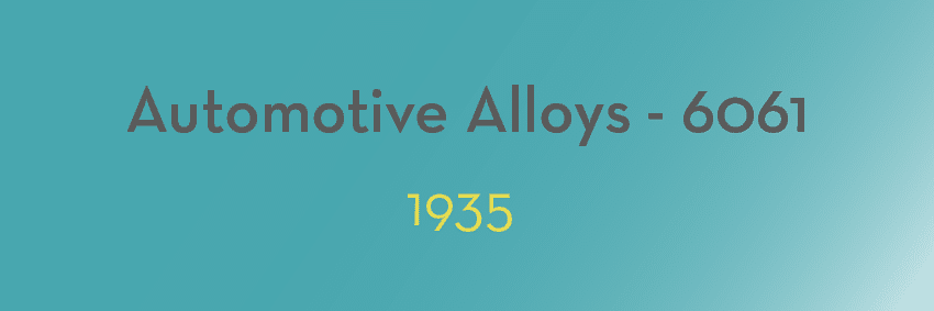 Text on a teal background that reads, "Automotive Alloys - 6061" in dark gray lettering, with the year "1935" below it in yellow, capturing moments of aluminium innovation.