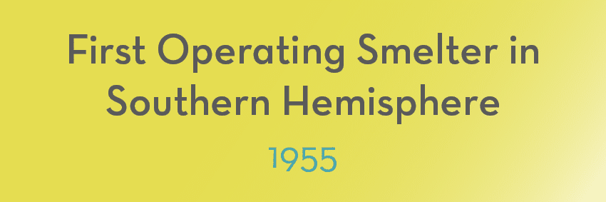 Text on a yellow gradient background reading "First Operating Smelter in Southern Hemisphere" in dark gray font, with "1955" in light blue font beneath it. This marks one of the defining moments in the history of aluminium production.