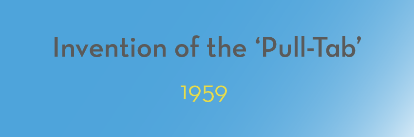 Text on a blue gradient background reads "Invention of the 'Pull-Tab'" in gray letters, with "1959" in yellow below it, marking one of the key moments in aluminium history.