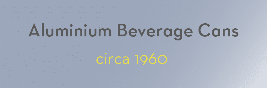 Text reading "Aluminium Beverage Cans" in gray font and "circa 1960" in yellow font on a gradient background transitioning from light blue to gray, capturing nostalgic moments.