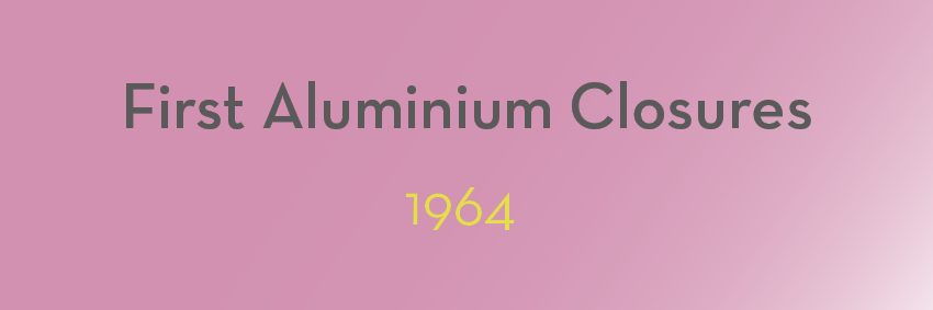 Text on a pink gradient background stating "First Aluminium Closures" in dark gray and "1964" in light yellow, capturing iconic moments in time.