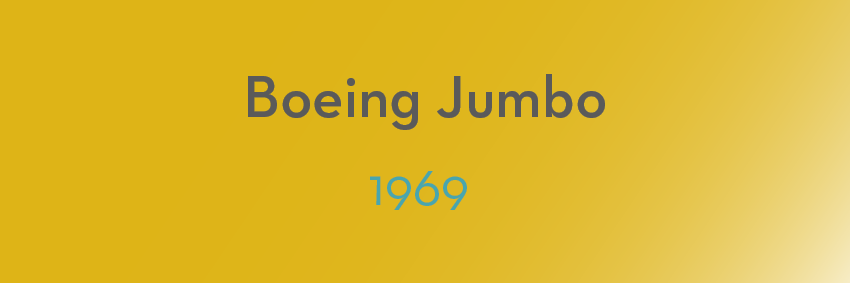 Yellow background with the text "Boeing Jumbo" in gray uppercase letters at the center and "1969" in blue digits below it, capturing historic moments of aviation innovation—an era where aluminium revolutionized aircraft design.