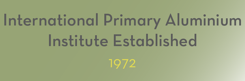 Text on a green gradient background reads, "International Primary Aluminium Institute Established 1972." The main text is in dark gray, while "1972" is in yellow, marking significant moments in the history of aluminium.