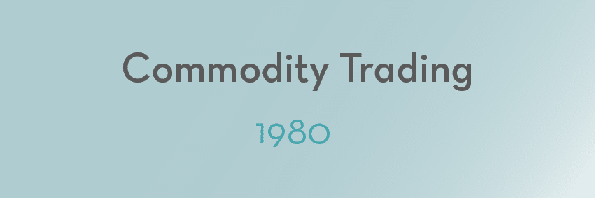The image has a light blue background with the text "Commodity Trading" in dark gray and "1980" in a lighter blue below it, capturing moments in aluminium market history.