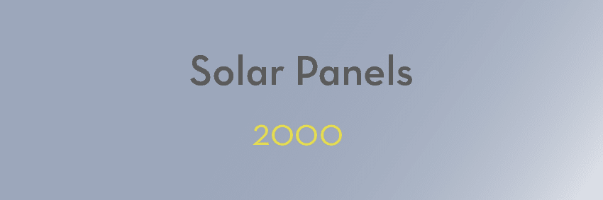A gray-to-blue gradient background with the text "Solar Panels" written in dark gray at the top and the year "2000" in yellow below it. The years from 2000 to 2023 are displayed in yellow, capturing key moments as an image of solar panels and a plant sprout appear over time, framed by sleek aluminium edges.
