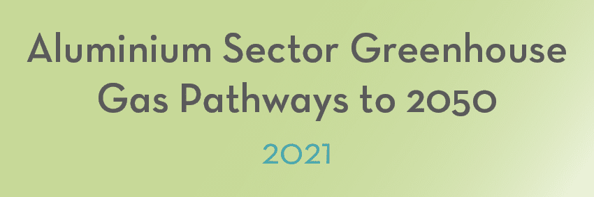 Text reads, "Aluminium Sector Greenhouse Gas Pathways to 2050 2021," on a gradient background transitioning from light green at the top to pale yellow at the bottom. The main text is in dark gray, while "2021" is in light blue, capturing pivotal moments for the aluminium industry.