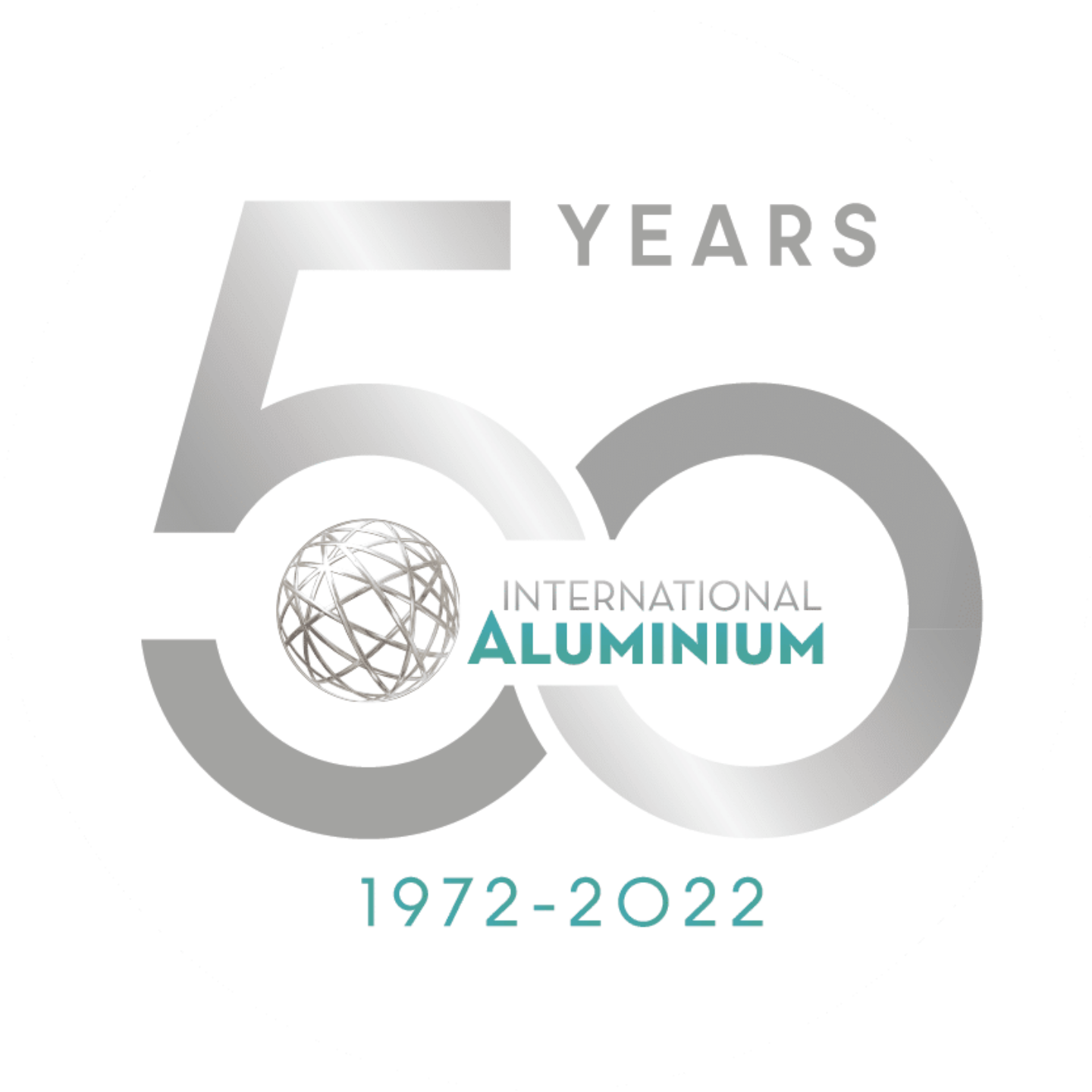 A round logo commemorating 50 years of the International Aluminium Institute from 1972 to 2022. The text "50 YEARS" is prominently displayed, with "International Aluminium" beneath it and "1972-2022" at the bottom. A globe icon is integrated into the "50," capturing significant moments in aluminium history.
