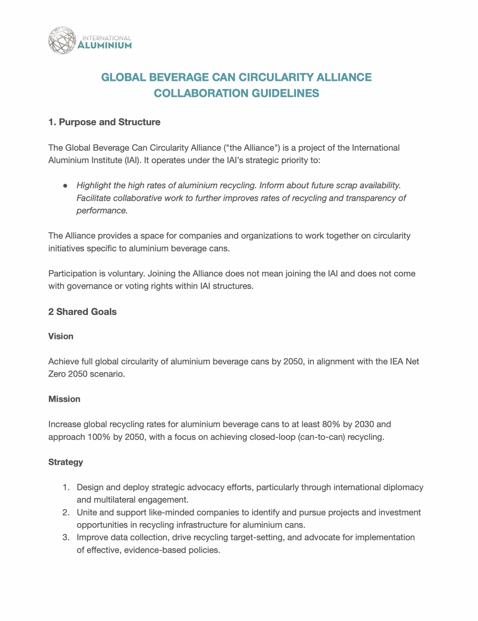 A document titled "Global Beverage Can Circularity Alliance Collaboration Guidelines" outlining the purpose, vision, mission, and key strategies for aluminum beverage can recycling under the GBCCA framework.